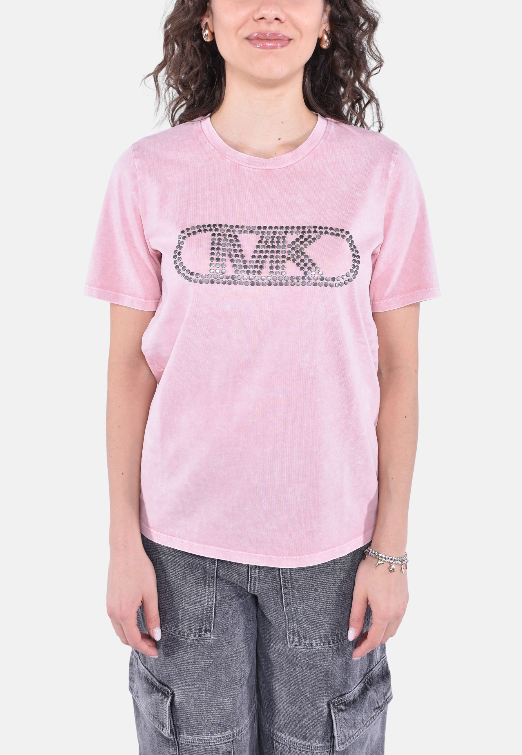 T-shirt corta in cotone tinto in capo con borchie