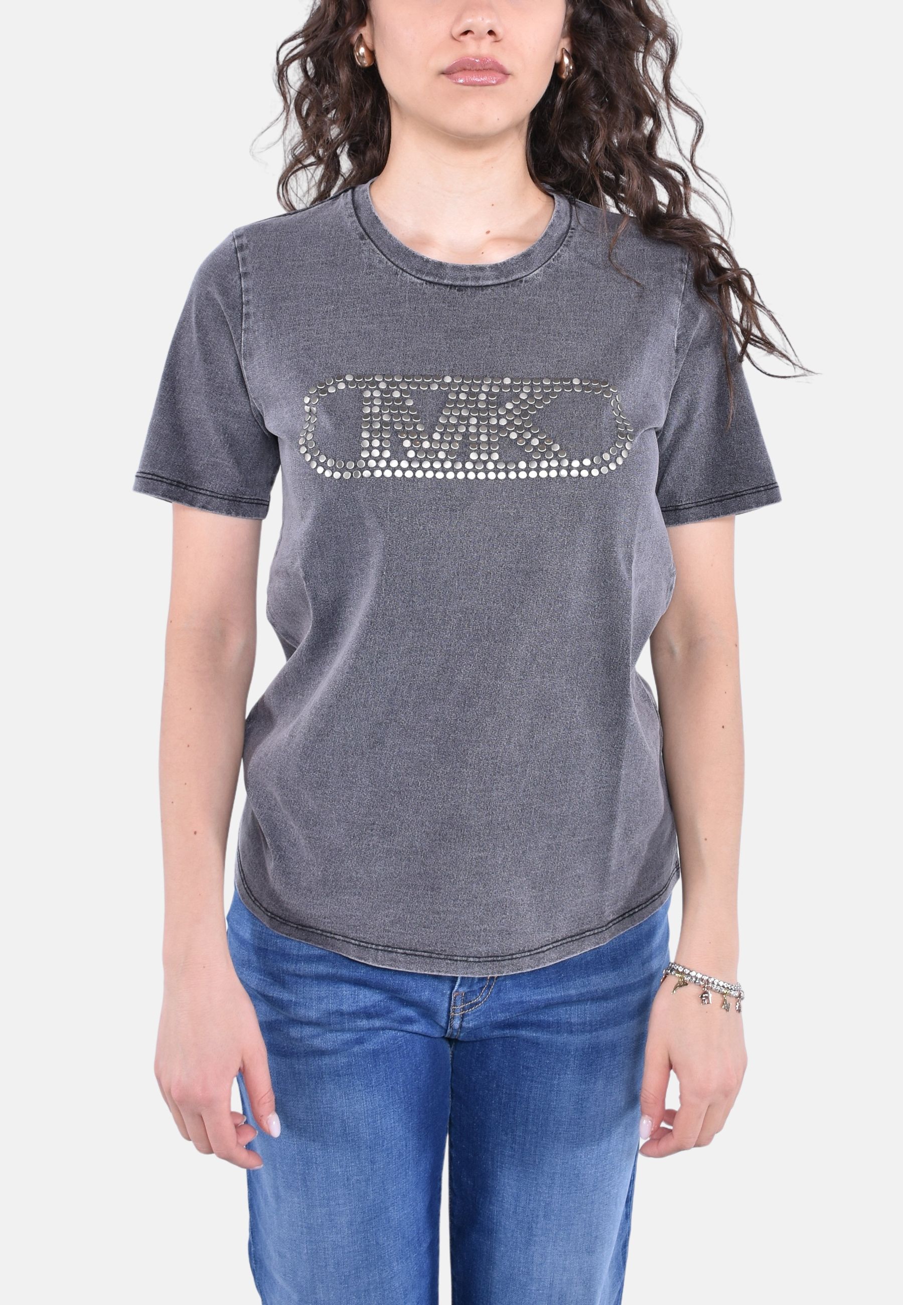 T-shirt corta in cotone tinto in capo con borchie