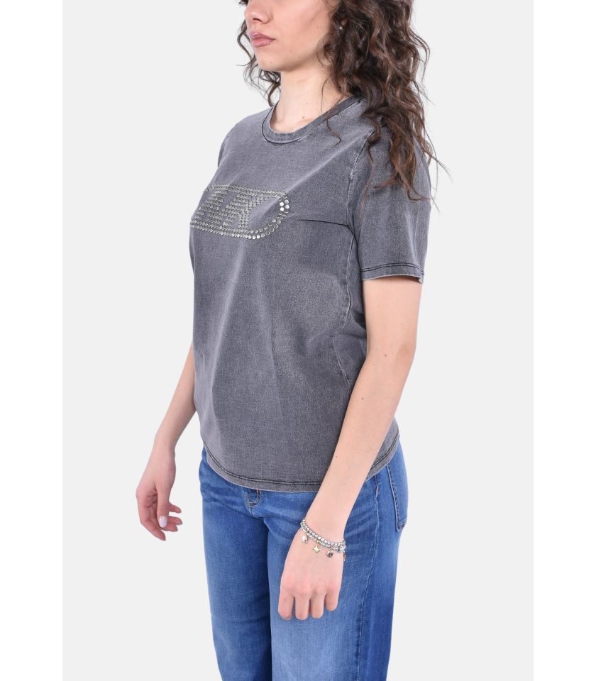 T-shirt corta in cotone tinto in capo con borchie