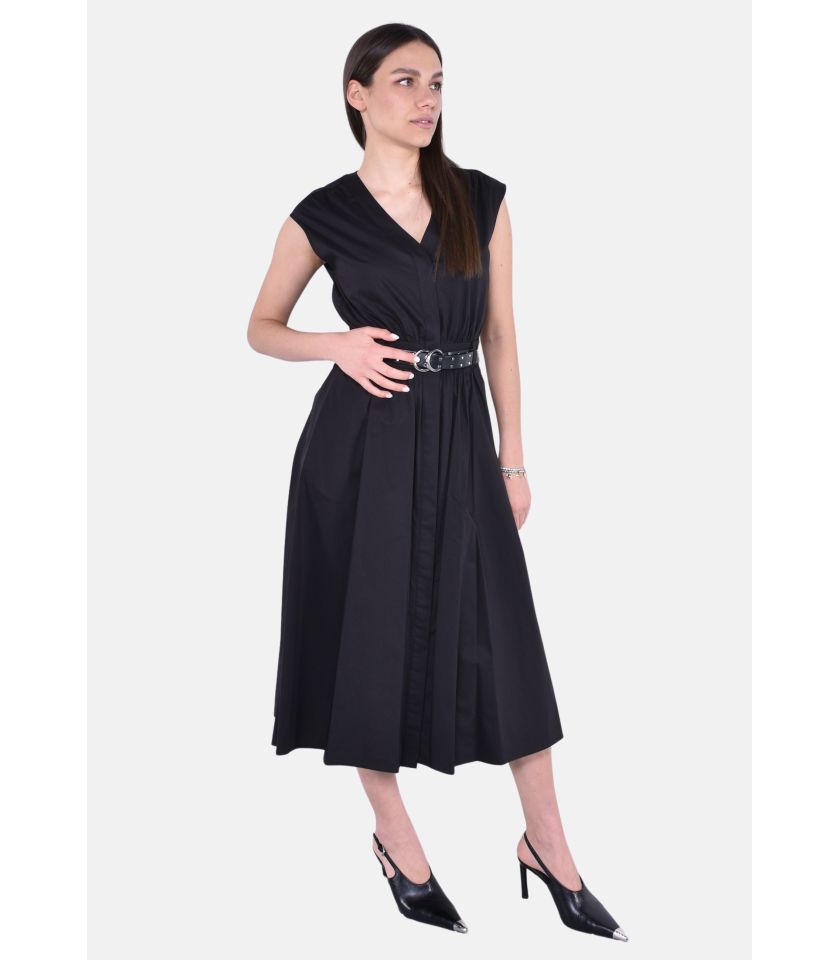 Abito longuette in popeline di cotone stretch con cintura
