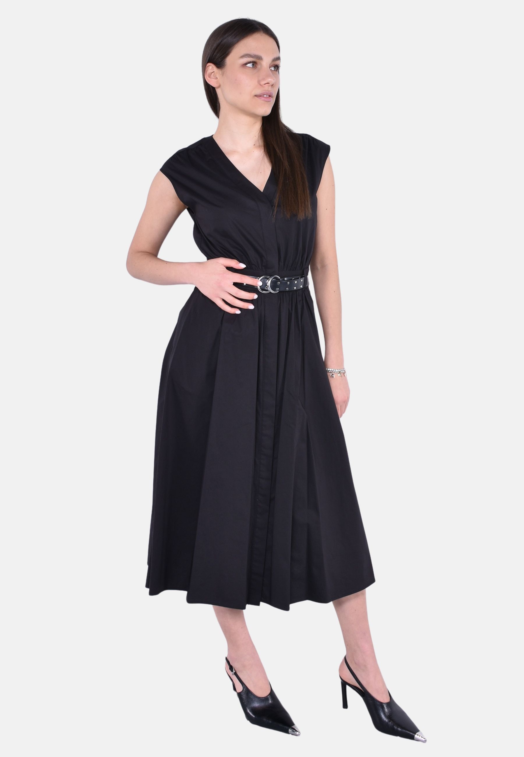 Abito longuette in popeline di cotone stretch con cintura